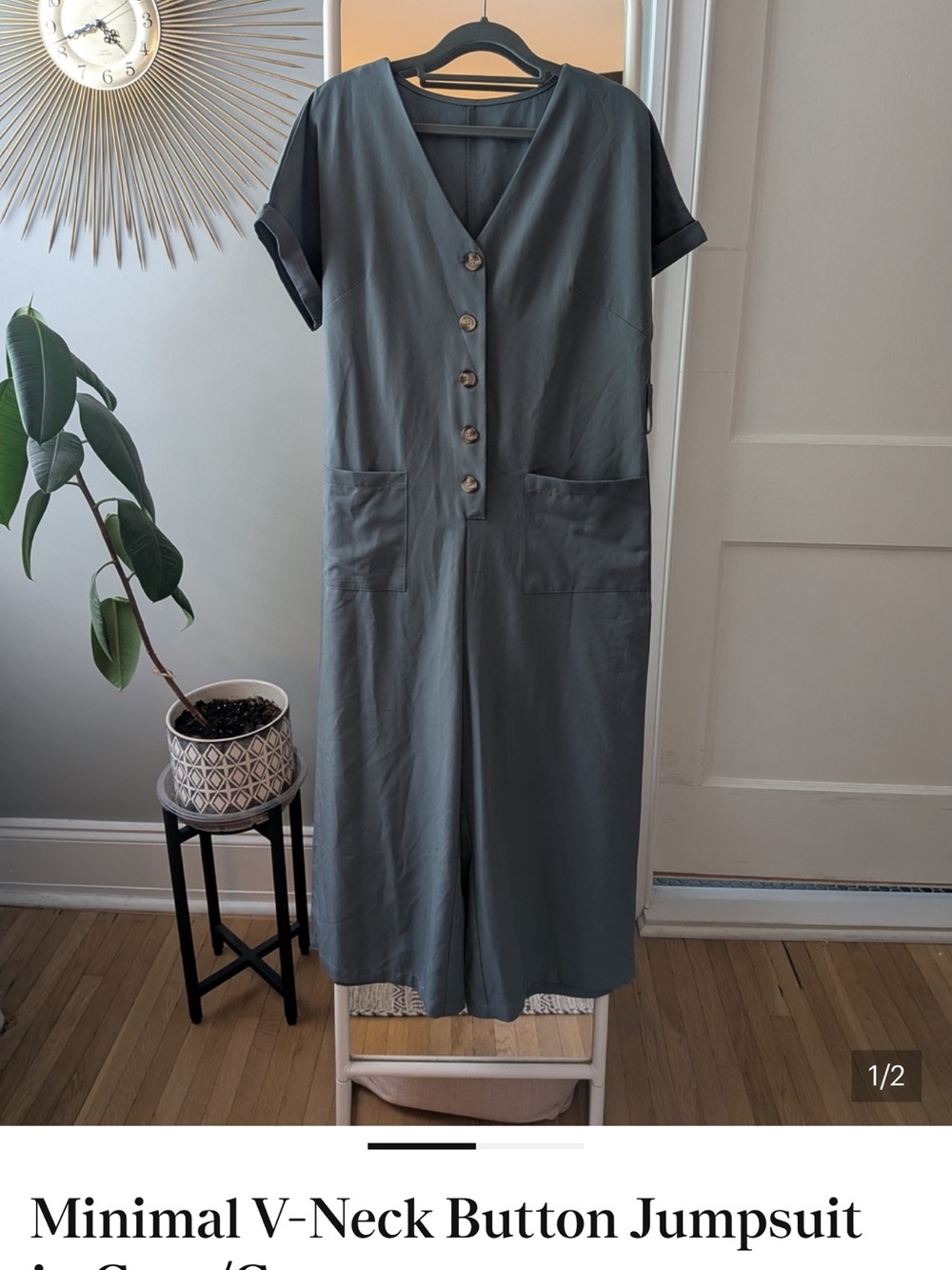 Minimal V-Neck Button Jumpsuit in Slate Gray